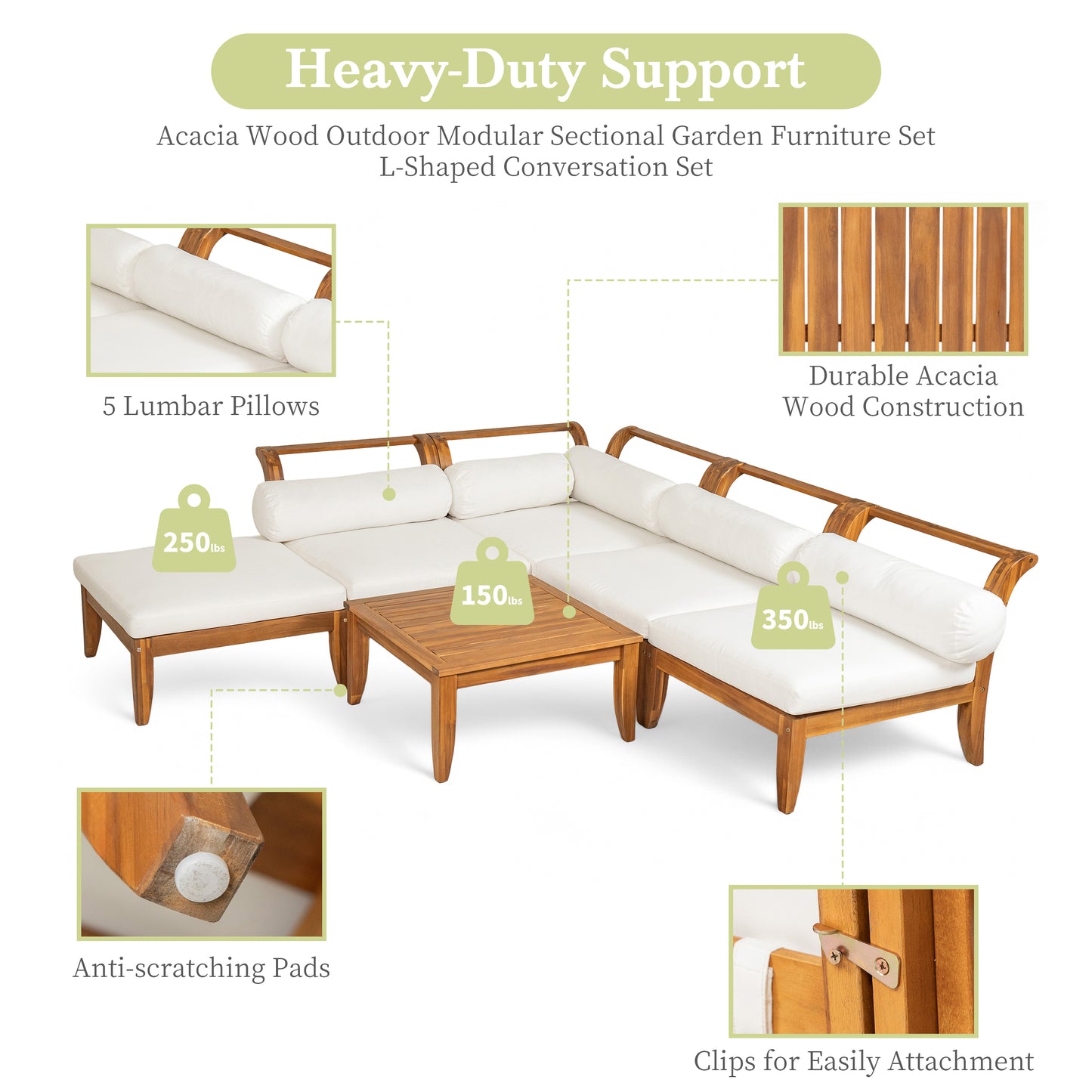 TOPMAX 6 Piece Patio Sofa Set, Acacia Wood Outdoor Modular Sectional Garden Furniture Set L-Shaped Conversation Set, Convertible Daybed with Tea Table, Ottoman, 5 Cushions and Pillows, Teak+Beige image 9