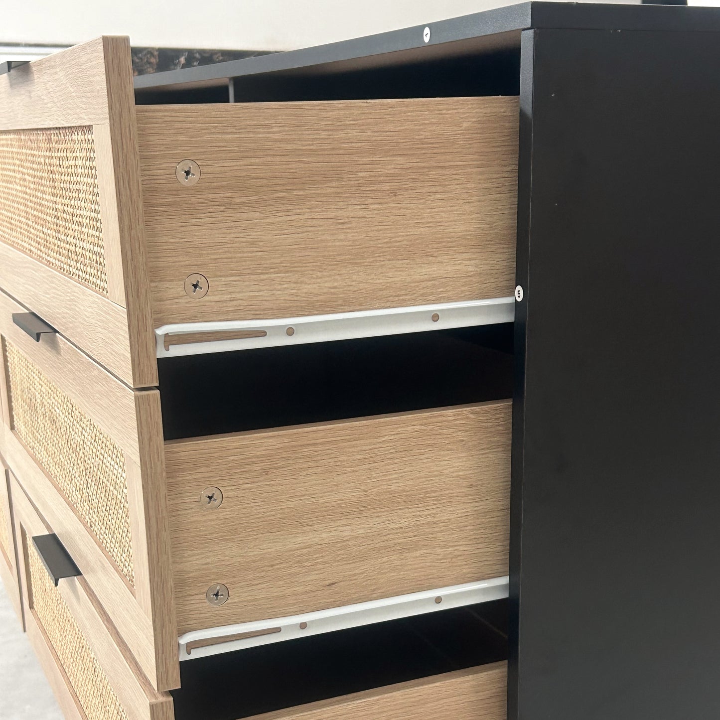 59.06"6-Drawers Rattan Storage Cabinet Rattan Drawer with White Drawer Slides,for Bedroom,Living Room,Black image 7