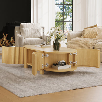 Oval Fluted Coffee Table with Storage for Living Room, Rubber Solid Wood, 1 shelf & 2 Open Storage Doors, Natural, 47" image 2