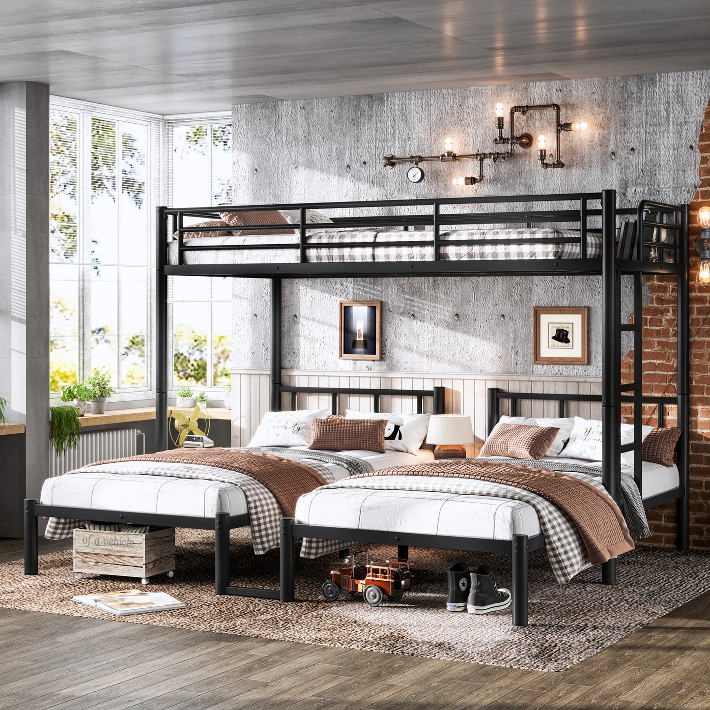 Twin over Twin & Twin Bunk Beds for 3, Twin XL over Twin & Twin Bunk Bed Metal Triple Bunk Bed, Black image 2