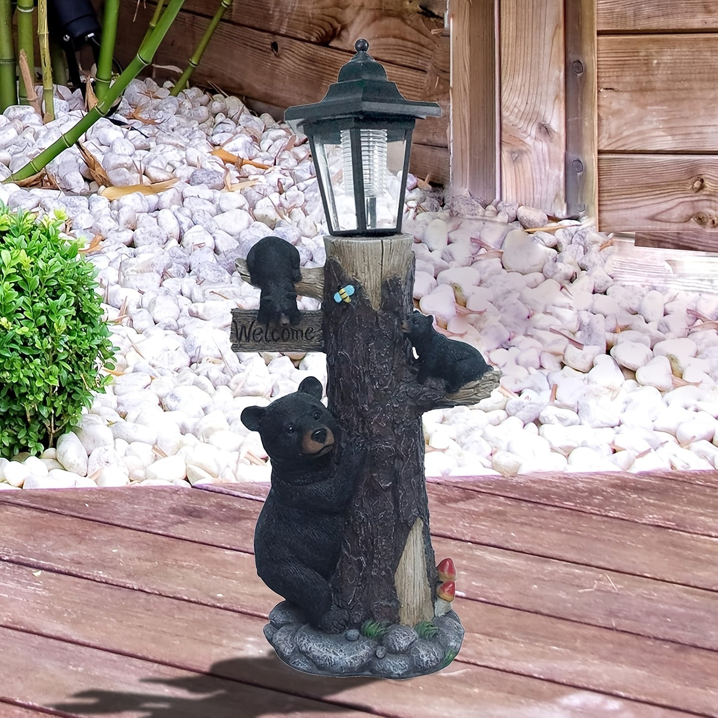 Black bear statue welcome sign garden statue with solar light, 19-inch resin bear family on tree, outdoor bear decoration for courtyard, garden, lawn, yard, perfect gift for Thanksgiving, Christmas, M image 5