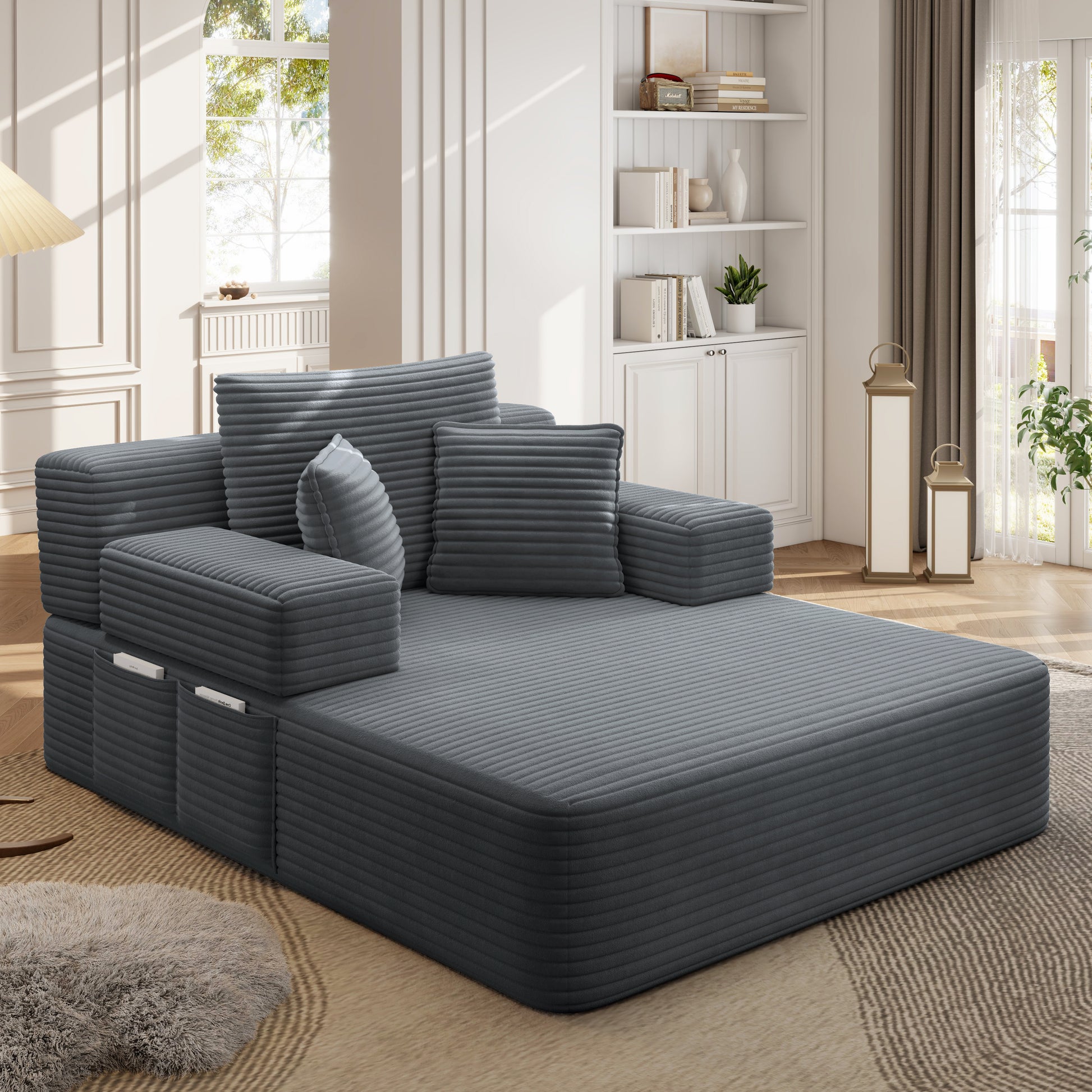Luxurious Plush Corduroy Chaise Lounge with 3 Pillows, Convertible Sofa Bed with Storage Pocket, Frameless Design & Compression Foam for Small Spaces, Living Room, Apartment,Dark Gray image 6