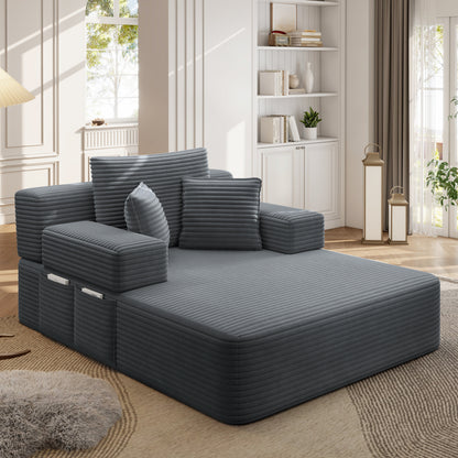 Luxurious Plush Corduroy Chaise Lounge with 3 Pillows, Convertible Sofa Bed with Storage Pocket, Frameless Design & Compression Foam for Small Spaces, Living Room, Apartment,Dark Gray image 6
