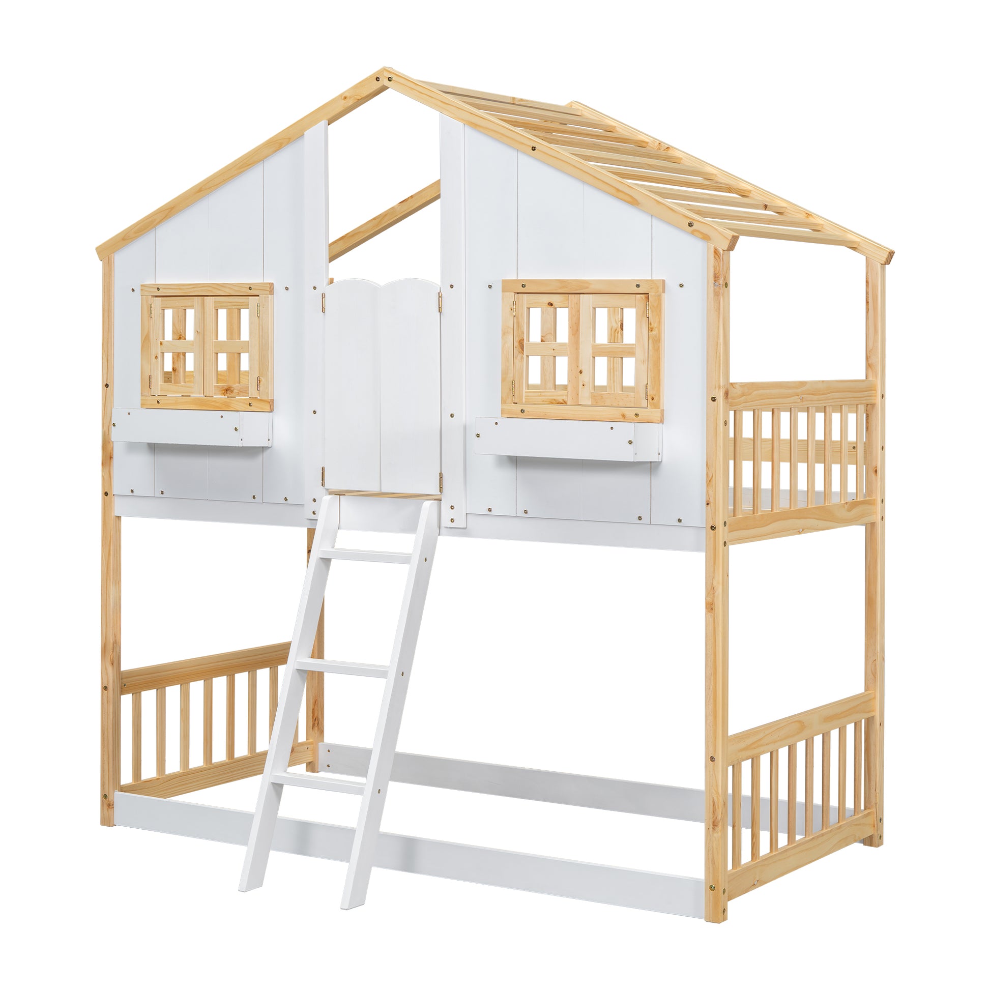 Twin over Twin House Bunk Bed with Roof, Window, Window Box, Door, with Safety Guardrails and Ladder, Natural/White image 5
