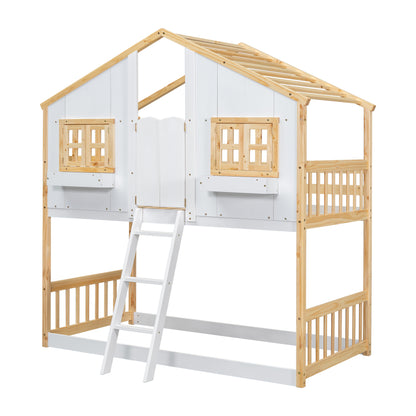 Twin over Twin House Bunk Bed with Roof, Window, Window Box, Door, with Safety Guardrails and Ladder, Natural/White image 5