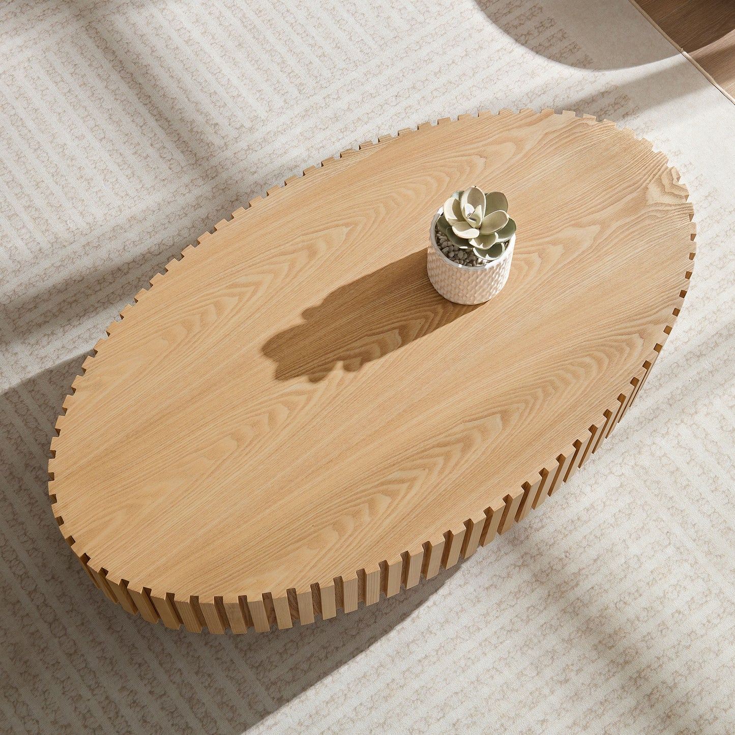 Modern Handcraft Drum Coffee Table Length 43.7 inch Ellipse Coffee Table for Living Room,Oval Small Coffee Table with Sturdy Pedestal,Natural Ash MDF,W2582P251207 image 6