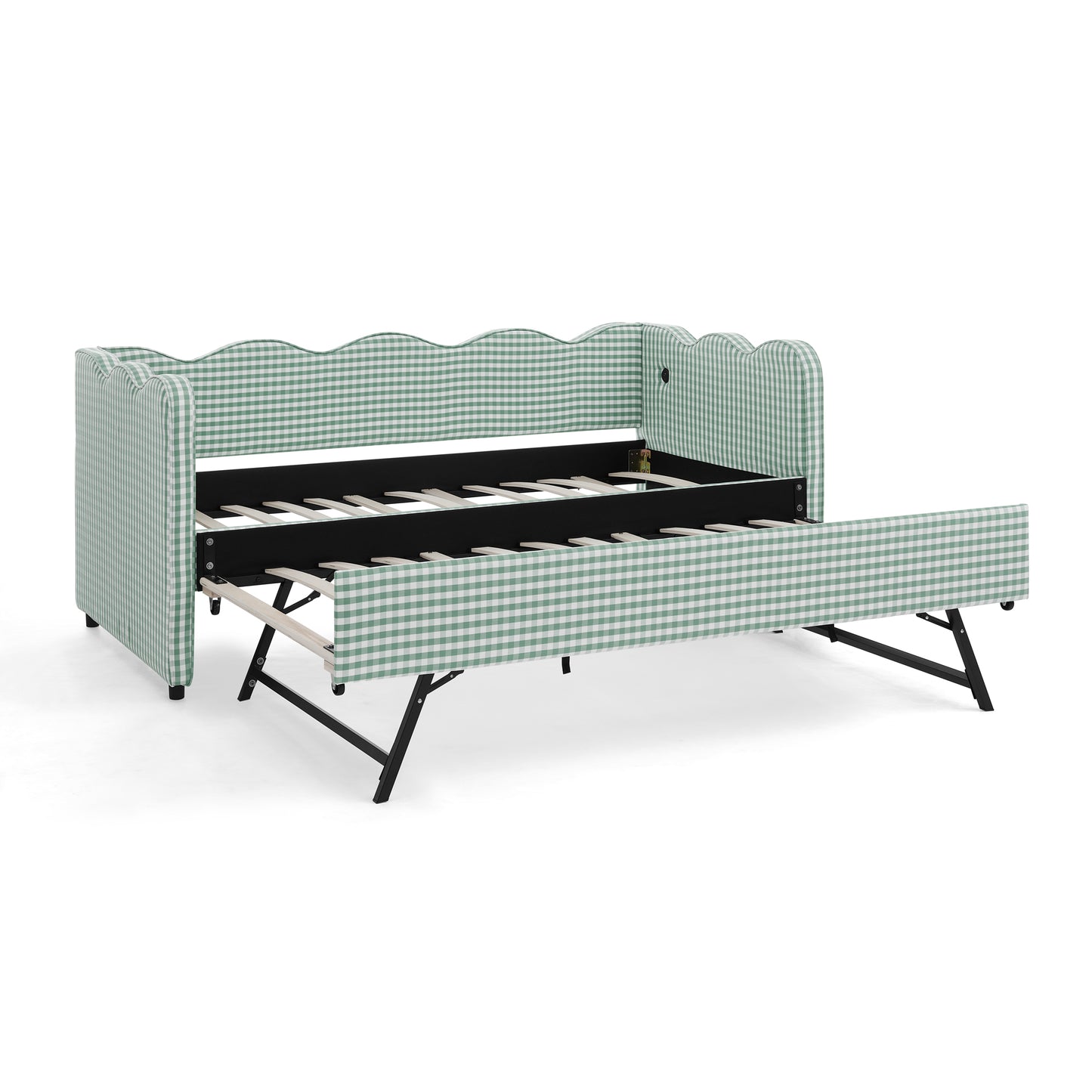 Cozy Gingham Daybed with Trundle Twin Size Sofa Bed No Box Spring Needed, with USB Port and Adorable Wave Shaped, Linen Fabric image 8