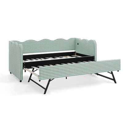 Cozy Gingham Daybed with Trundle Twin Size Sofa Bed No Box Spring Needed, with USB Port and Adorable Wave Shaped, Linen Fabric image 8