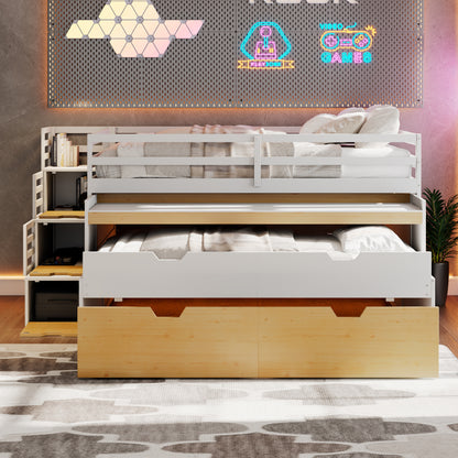 Full XL Loft Bed with Pull-Out Desk and Twin Trundle, Multi-Functional Bunk Bed with 2 Storage Drawers and Storage Steps, Space-Saving Gaming & Workstation Bedframe, White+Wood Color image 4