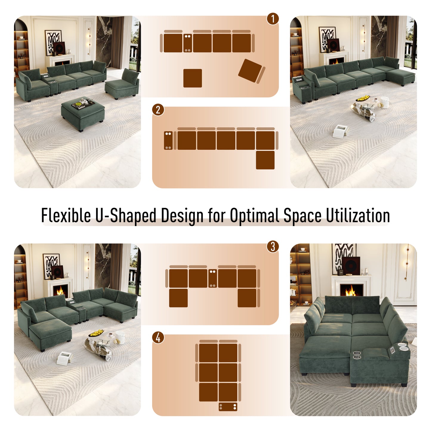 121.2" Modular U-Shaped Cloud Sectional Sofa with Movable Ottoman, Chenille Convertible Sofa Bed with Hidden Storage & USB Ports & Cup Holders & Bluetooth Speaker for Living Room, Apartments, Green image 10