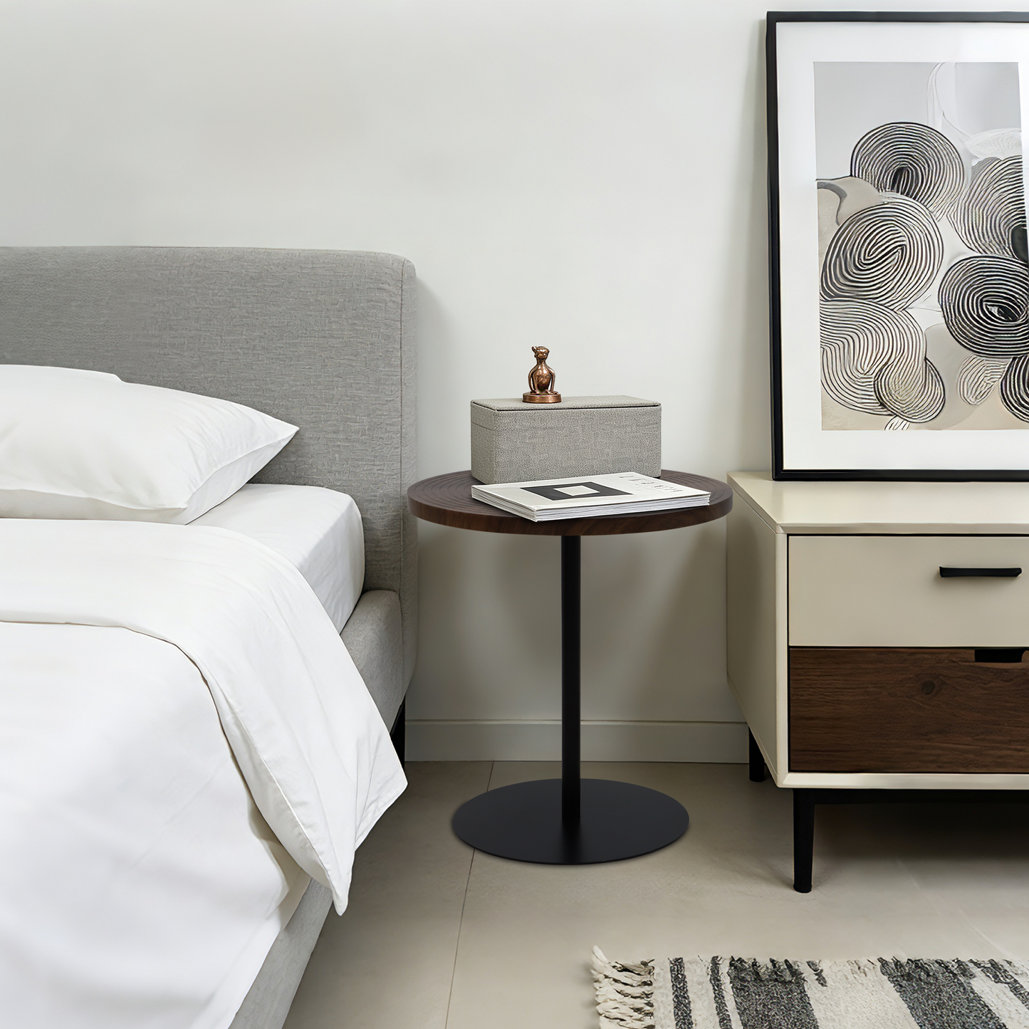 Set of 2 Small Round Side Table Wooden Concentric Circles Coffee Table for Two Metal Pedestal Nightstand for Corner Small Space (Walnut Brown & Black) image 3