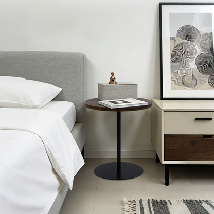 Set of 2 Small Round Side Table Wooden Concentric Circles Coffee Table for Two Metal Pedestal Nightstand for Corner Small Space (Walnut Brown & Black) image 3