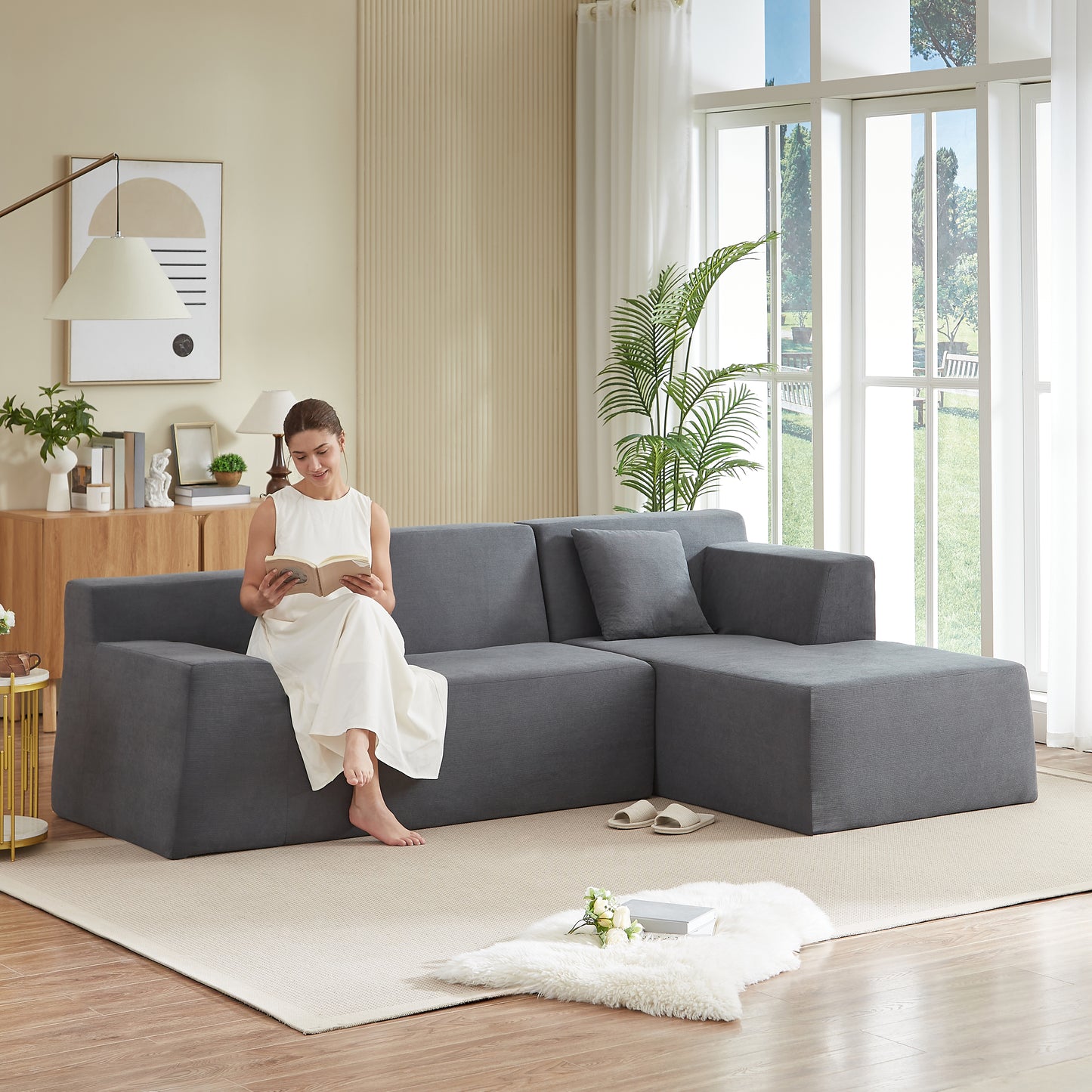 Modern minimalist L-shaped corduroy high back sofa image 1