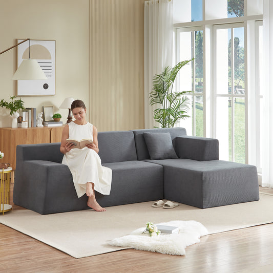 Modern minimalist L-shaped corduroy high back sofa front view