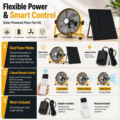 12" Yellow Solar Rechargeable Floor Fan,30W Adjustable Monocrystalline Solar Panel,Built-in 1500mAh Battery,3-Speed Remote Dual Power Fan for Home Room,Backyard Camping & Greenhouse image 4