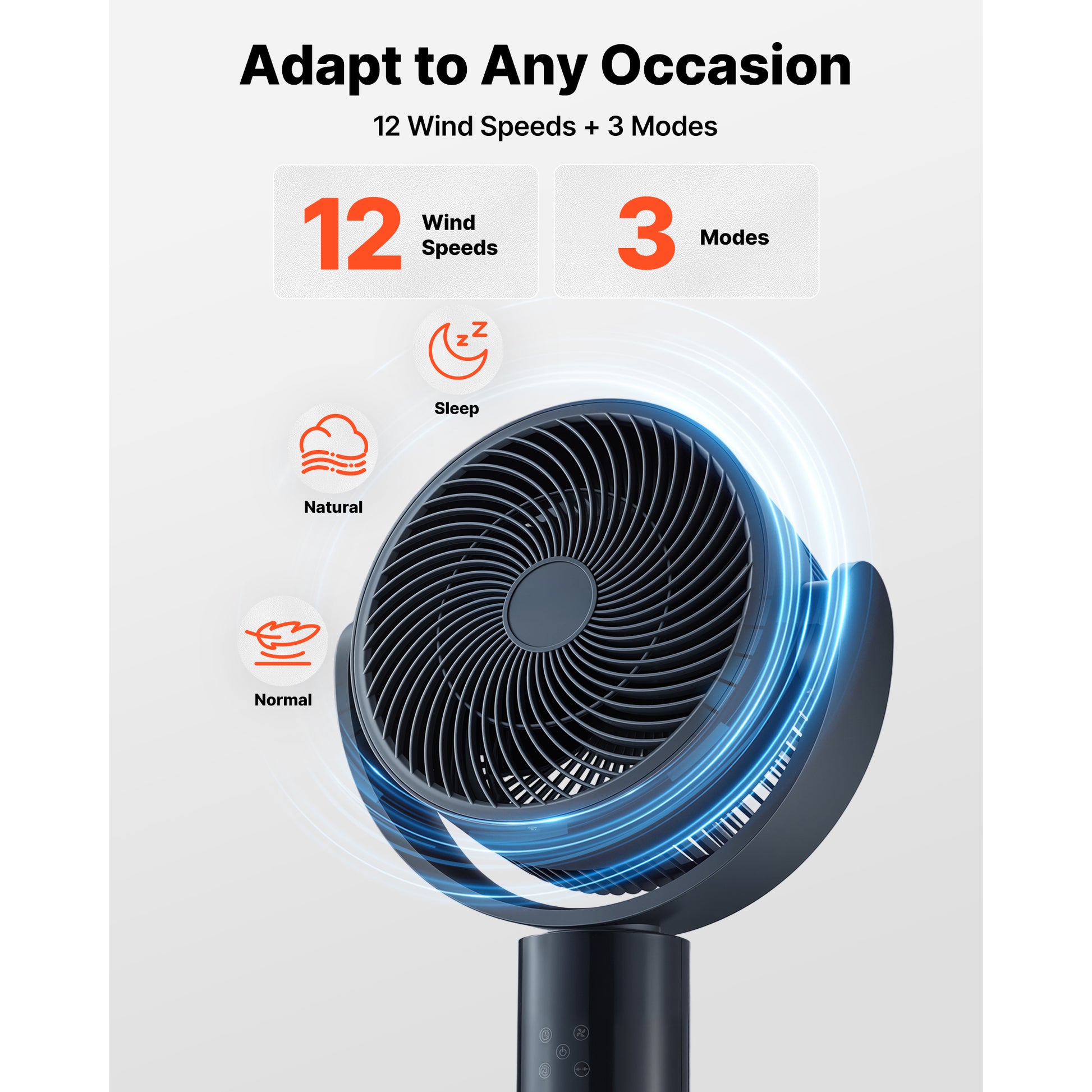 7-Inch Pedestal Fan, Oscillating Standing Floor Fan with DC Motor, Remote Control, 12 Speeds & 3 Modes, 15H Timer, Adjustable Height, Quiet for Home, Bedroom, Living Room, Study Room, Blue Gray image 6