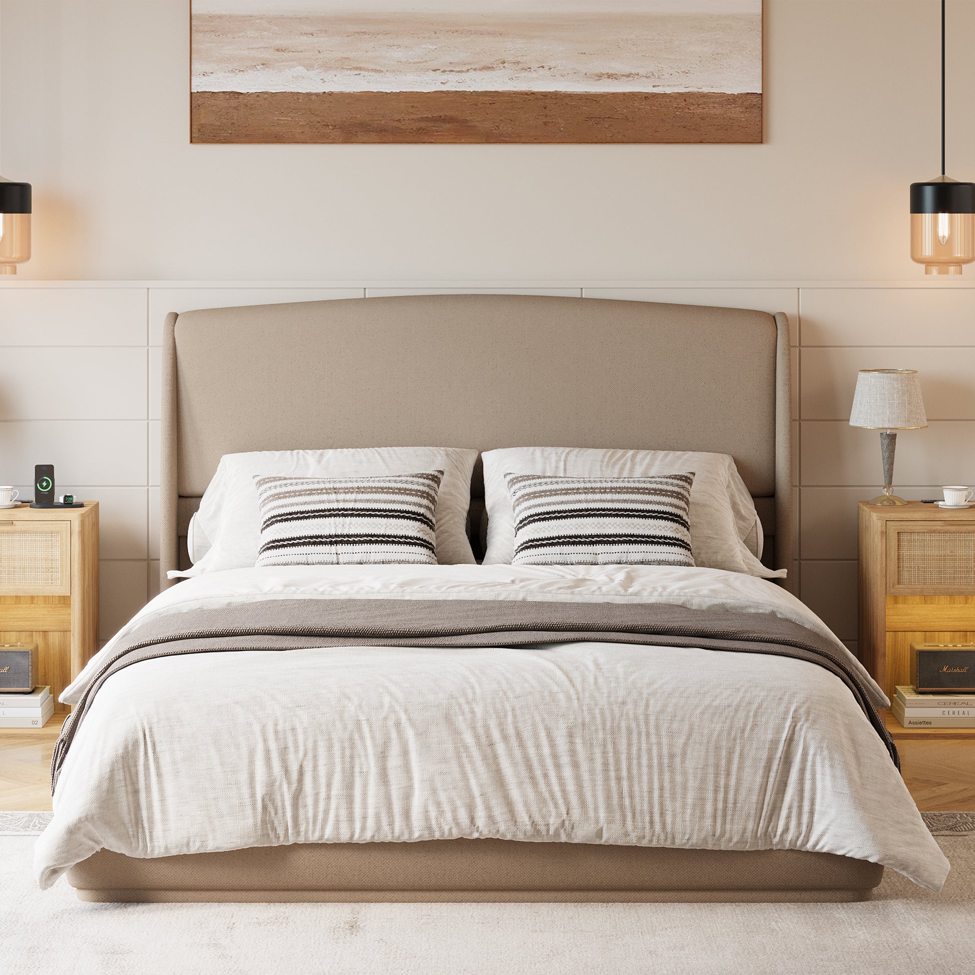 Upholstered Queen Bed Frame with Wingback Headboard, Low Profile Platform Bed with Padded Headboard, No Box Spring Needed, Easy Assembly, Elegant Linen Fabric, Brown image 2