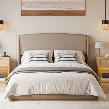 Upholstered Queen Bed Frame with Wingback Headboard, Low Profile Platform Bed with Padded Headboard, No Box Spring Needed, Easy Assembly, Elegant Linen Fabric, Brown image 2