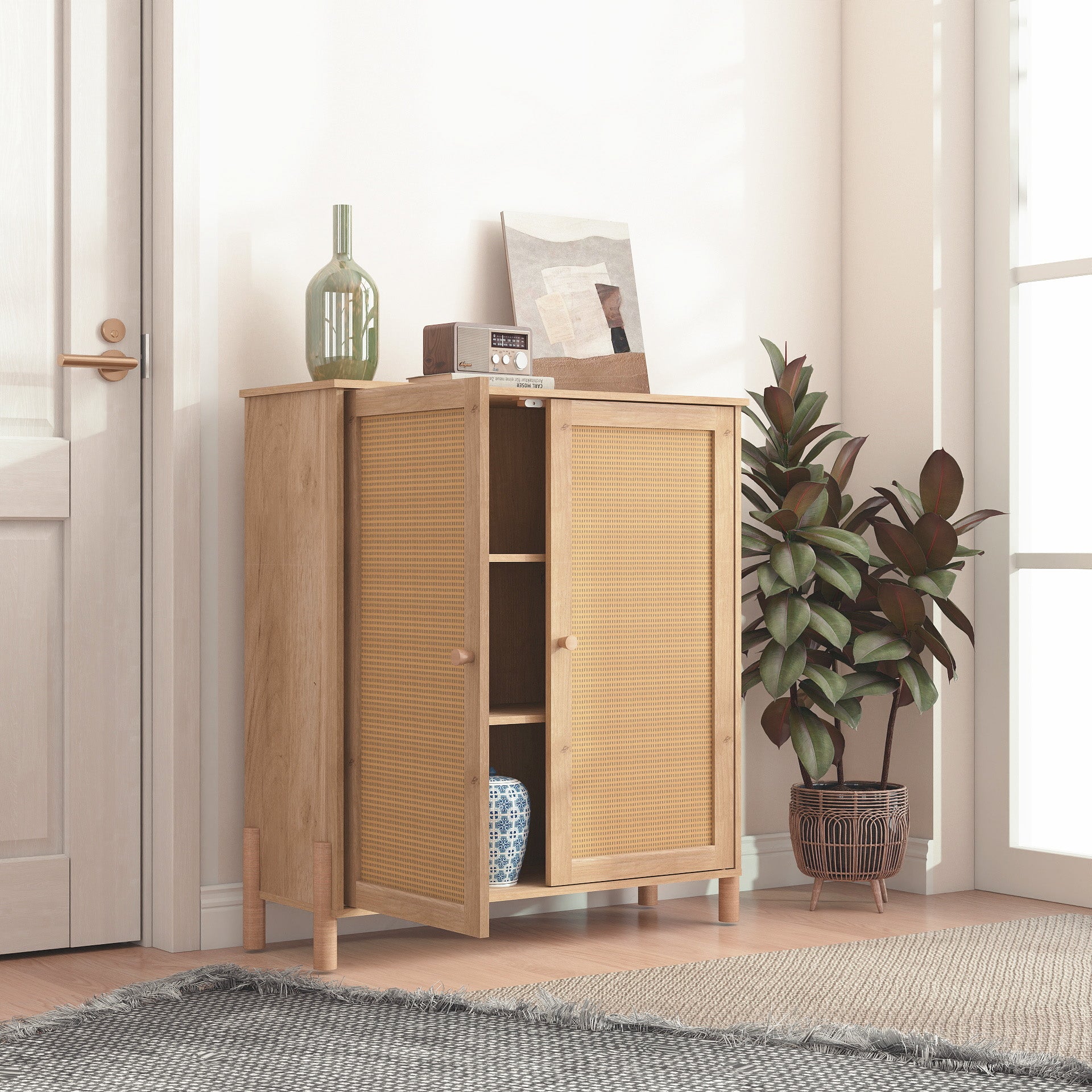 Mid-Century Modern Storage Cabinet with Woven Rattan Doors & Adjustable Shelves - Perfect for Living Room & Dining Room image 9