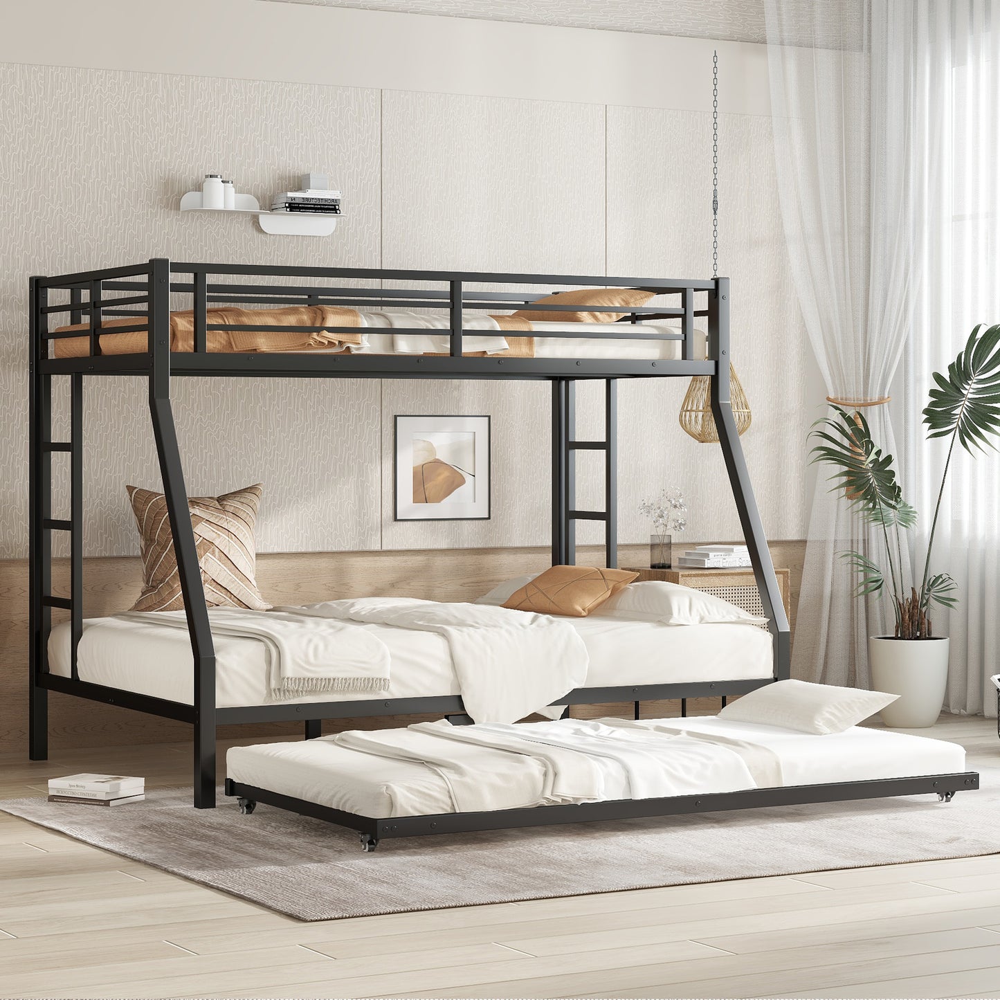 Twin over Full Metal Bunk Bed with Twin Size Trundle, Black image 1