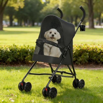 Pet Stroller for Small Dogs Cats with Mesh Ventilation, Lightweight Foldable Design, Cup Holder, Black image 1