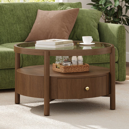 Solid Wood Round Glass Top Coffee Table with Storage Drawer, 2-Tier Mid Century Modern Circular Center Table, Walnut Wooden Cocktail Table for Living Room image 2