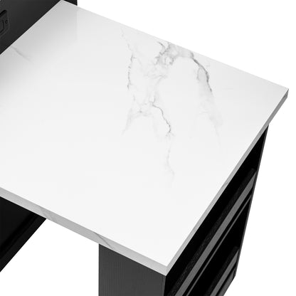 K&K 82.7 inch Kitchen Island with Extendable Dining Table for 4-6 Person,Faux Mable Kitchen Table with Double-sized Storage,Power Outlet,Kitchen island with Storage 2 Drawers 2 Side Open Shelves,Black image 3