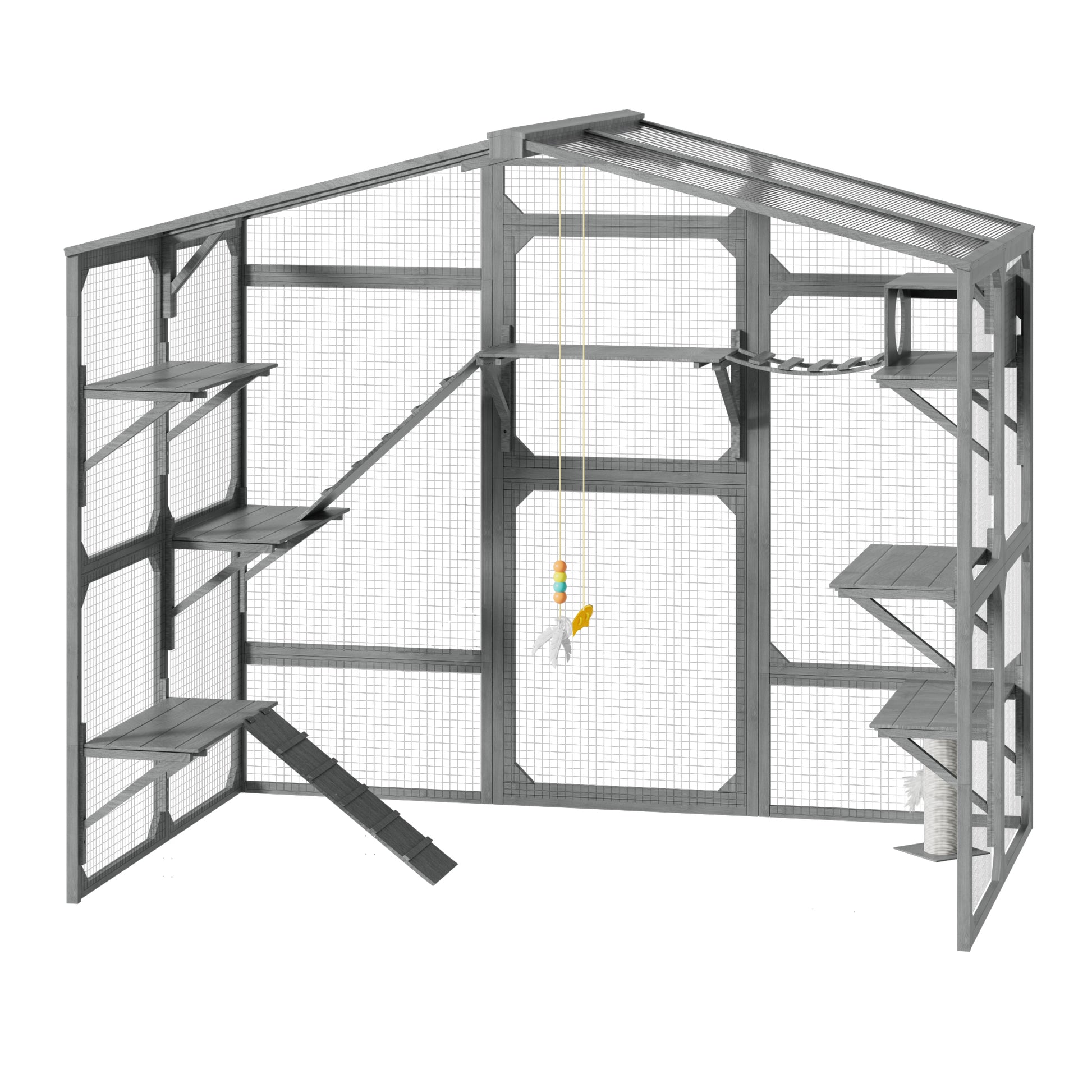 Large Outdoor Catio for 6-10 Cats, Pine Wood Cat Cage Outdoor with Weatherproof Roof, 6 Platforms, Climbing Ramp, 1 Resting Box and Cat Scratching Post, Outdoor Cat House with Storage Shelves, Grey image 12