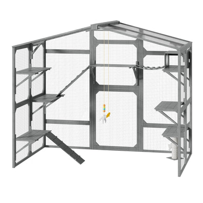 Large Outdoor Catio for 6-10 Cats, Pine Wood Cat Cage Outdoor with Weatherproof Roof, 6 Platforms, Climbing Ramp, 1 Resting Box and Cat Scratching Post, Outdoor Cat House with Storage Shelves, Grey image 12