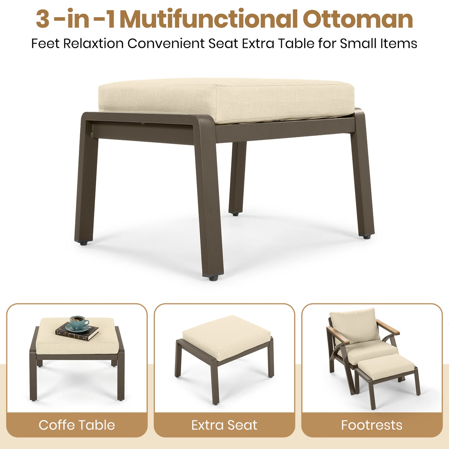 6-Piece Outdoor Patio Furniture Set, Steel Frame Sofa Set with 3-Seat Couch, 2 Armchairs, 2 Ottomans & Acacia Wood Coffee Table, Cushioned Seating for Backyard, Garden, Poolside, Beige Cushion image 8
