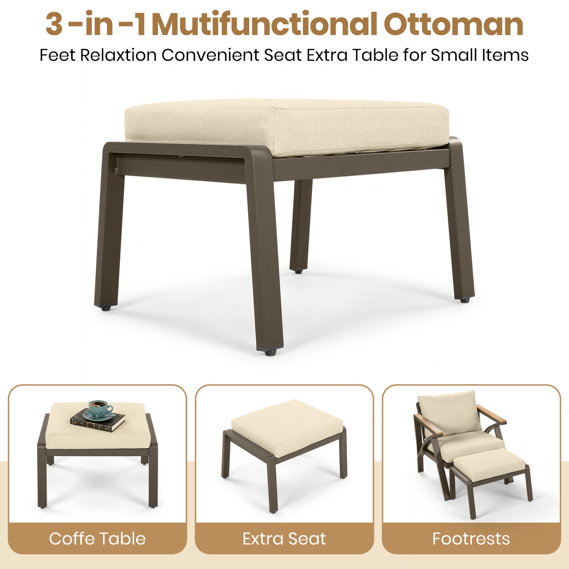 6-Piece Outdoor Patio Furniture Set, Steel Frame Sofa Set with 3-Seat Couch, 2 Armchairs, 2 Ottomans & Acacia Wood Coffee Table, Cushioned Seating for Backyard, Garden, Poolside, Beige Cushion image 8