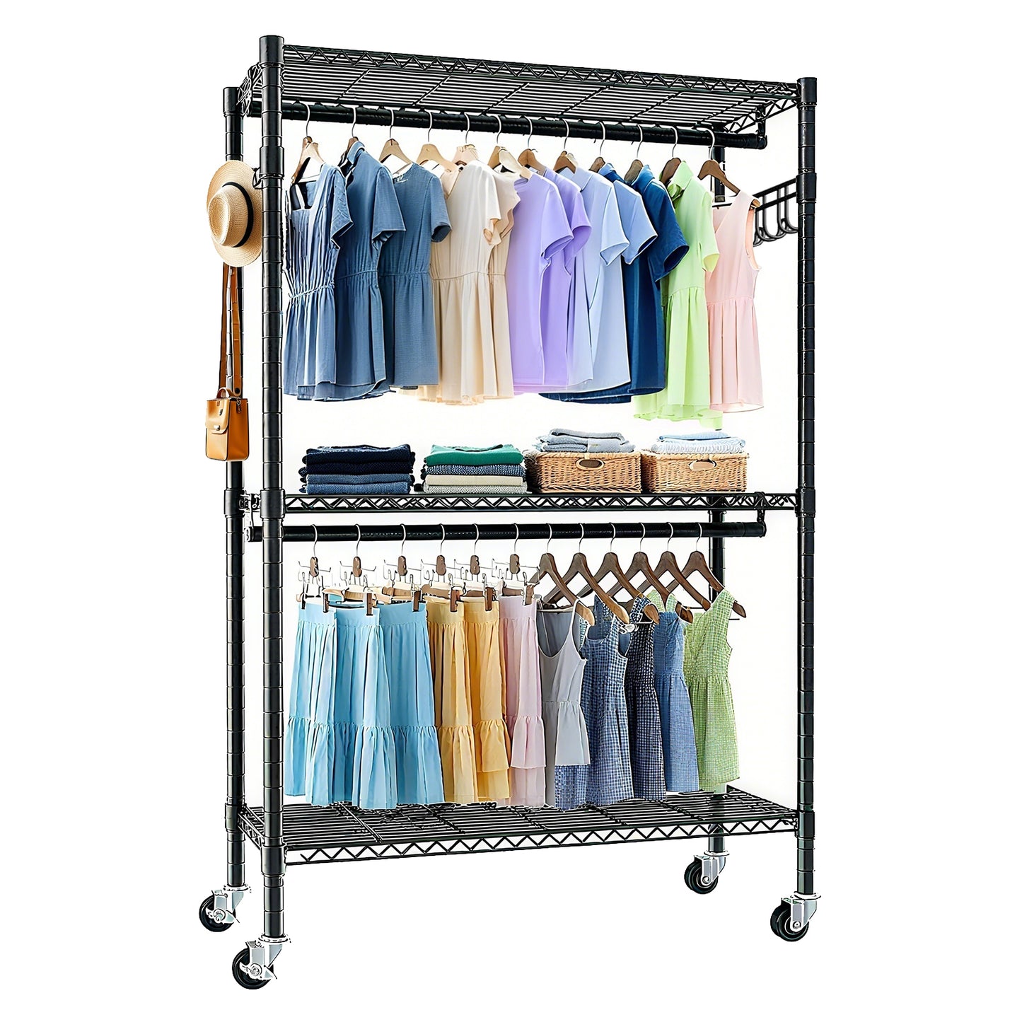 Rolling Clothes Rack, Heavy Duty Clothes Rack with Wheels, 3 Tiers Adjustable Wire Shelving Clothes Rack with 2 Clothes Rails and Side Hooks, Portable Closet Organizer, 35.43''×17.13D''×70.87''H,Black image 1