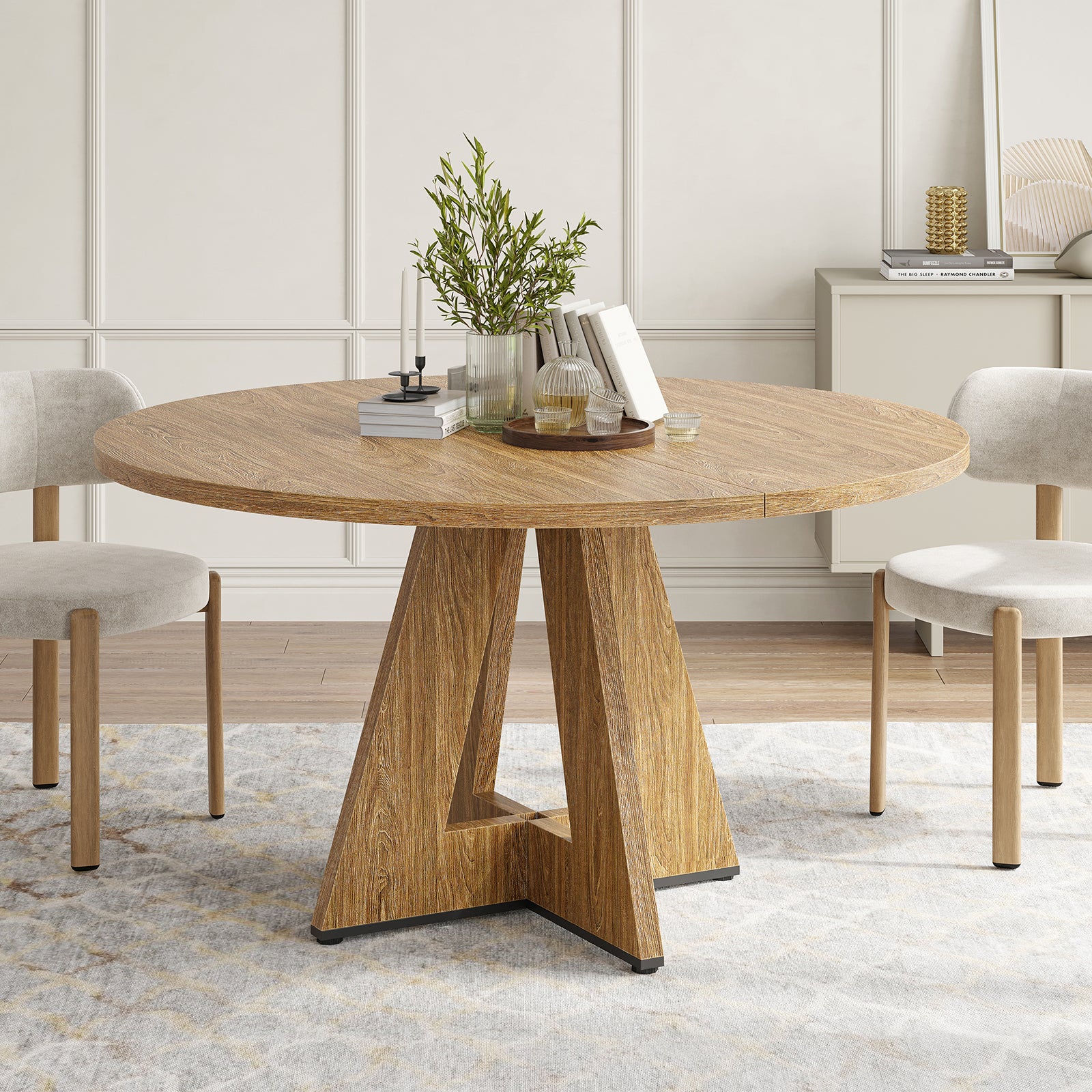 47" Round Dining Table for 4-7 People, Modern Wood Kitchen Table with Sturdy Metal Base, Large Round Dinner Table for Dining Room, Easy Assembly image 1