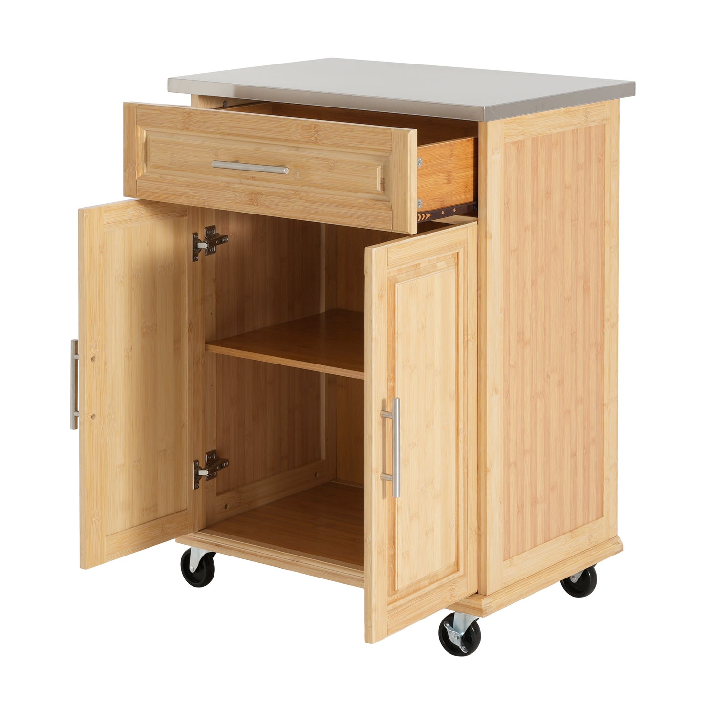 Indoor Compact Bamboo Rolling Kitchen Cart with Stainless Steel Top – Mobile Storage Island with Drawer & Cabinet for Small Spaces image 8