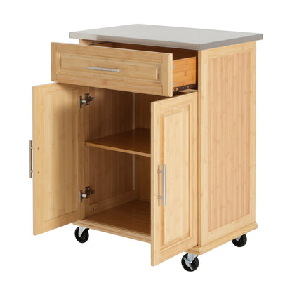 Indoor Compact Bamboo Rolling Kitchen Cart with Stainless Steel Top – Mobile Storage Island with Drawer & Cabinet for Small Spaces image 8