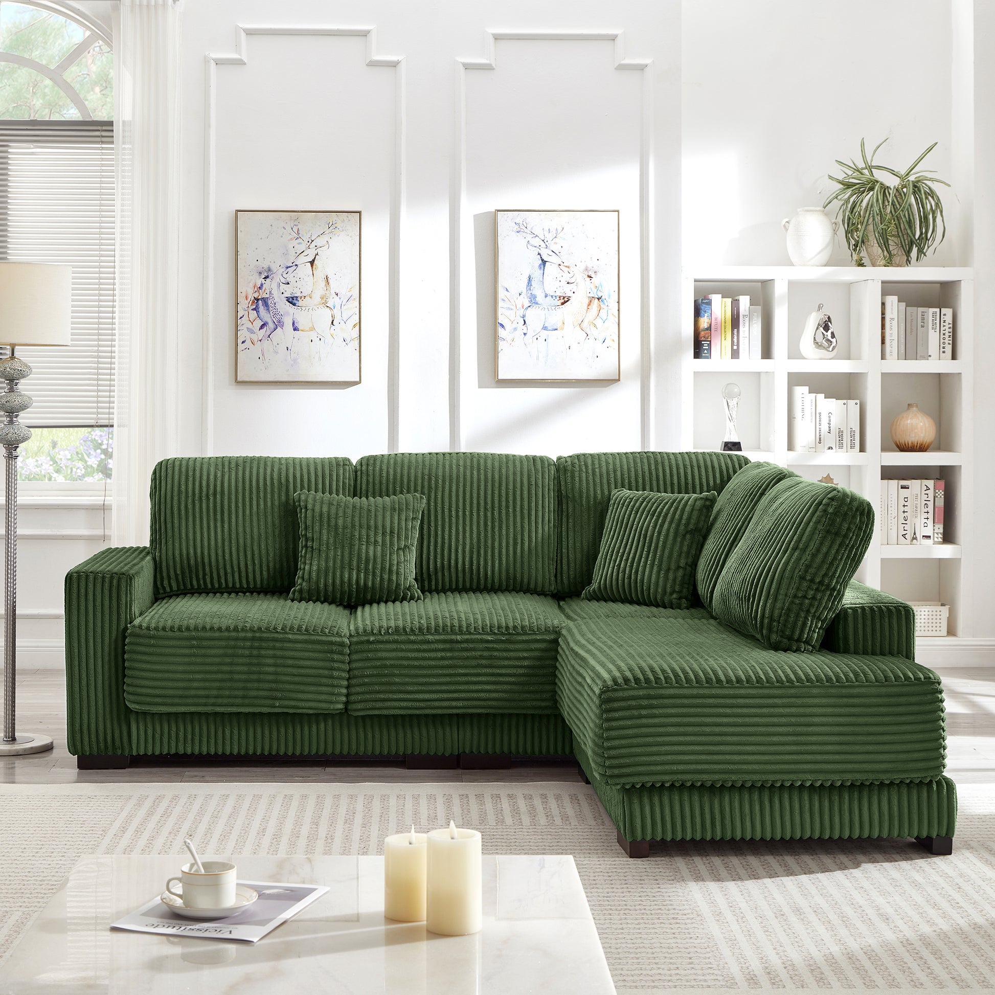 93" Sectional Sofa, L Shaped Sofa Couch with Reversible Chaise Lounge, Upholstered Soft Corduroy Couch for Living Room, Apartment (Green) image 4