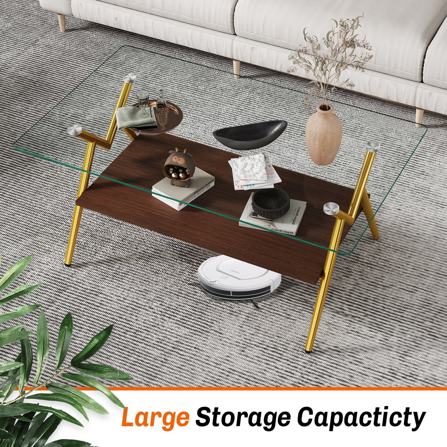 Rectangle Coffee Table with Tempered Glass top and Golden Metal Legs, Modern Table for Living Room, Transparent Glass image 3