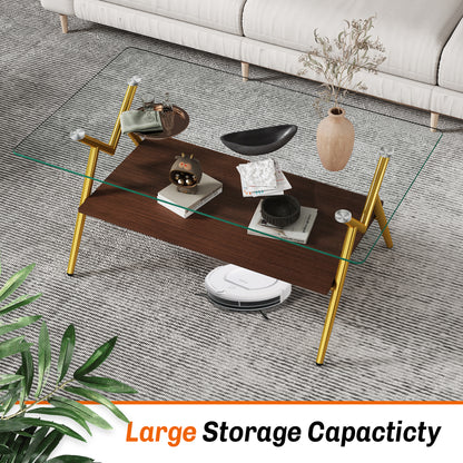 Rectangle Coffee Table with Tempered Glass top and Golden Metal Legs, Modern Table for Living Room, Transparent Glass image 3