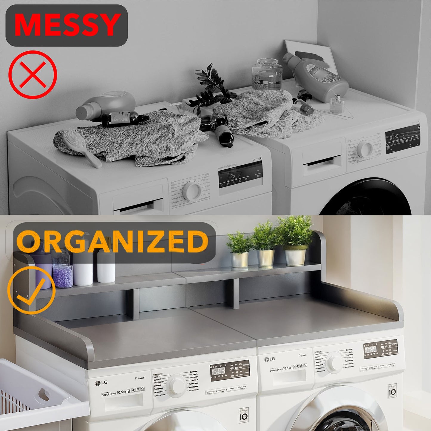 Washer Dryer Countertop with Non-slip Pads, Laundry Wood Shelf Topper with Edge, 54" Width x 27.5" Depth Double Layer Organizer for Washer and Dryer Laundry Hamper Counter Storage Organization (GRAY) image 4