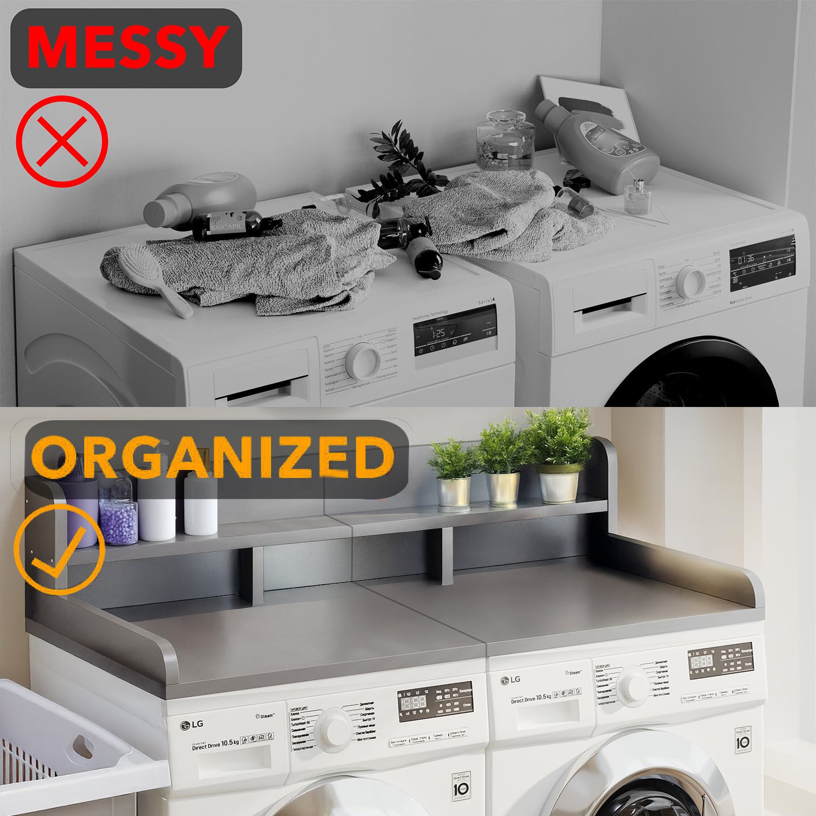 Washer Dryer Countertop with Non-slip Pads, Laundry Wood Shelf Topper with Edge, 54" Width x 27.5" Depth Double Layer Organizer for Washer and Dryer Laundry Hamper Counter Storage Organization (GRAY) image 4