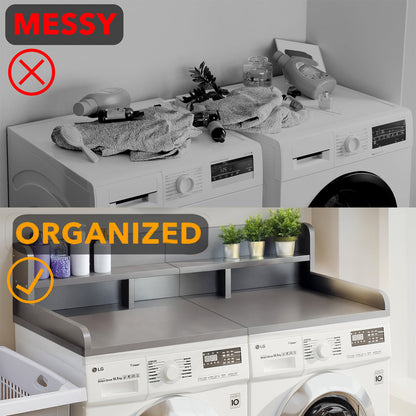 Washer Dryer Countertop with Non-slip Pads, Laundry Wood Shelf Topper with Edge, 54" Width x 27.5" Depth Double Layer Organizer for Washer and Dryer Laundry Hamper Counter Storage Organization (GRAY) image 4