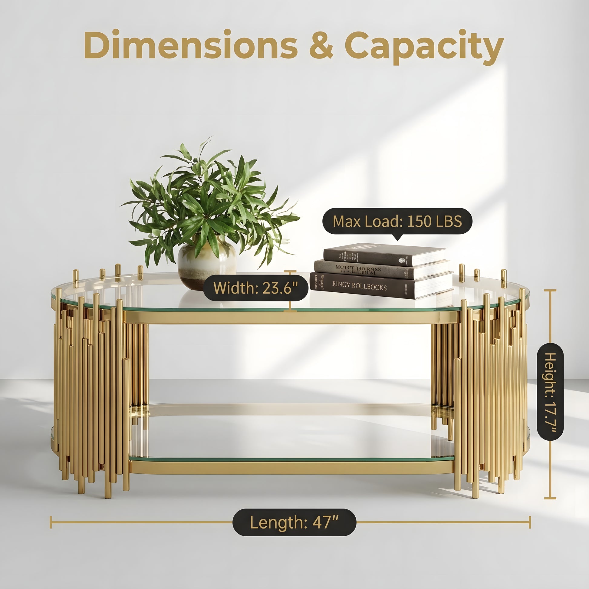 Luxury Gold Coffee Table with 2-Tier Tempered Glass Shelves, Modern Oval Center Table for Living Room, Polished Stainless Steel Frame, Artistic "Organ Pipe" Design, 47" x 23.6" x 17.7" image 4