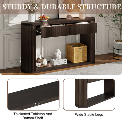 TREXM Oval Fluted Console Table with 2 Drawers and Bottom Shelf, Wood Entryway Table with Smooth Metal Slides for Living Room, Entryway (Espresso) image 12