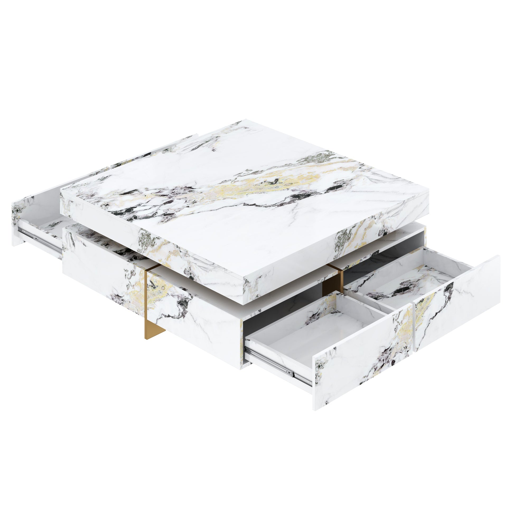 Modern Square Marble Textured Coffee table with 4 Drawers and Suspended Base, White, 43.3" image 11