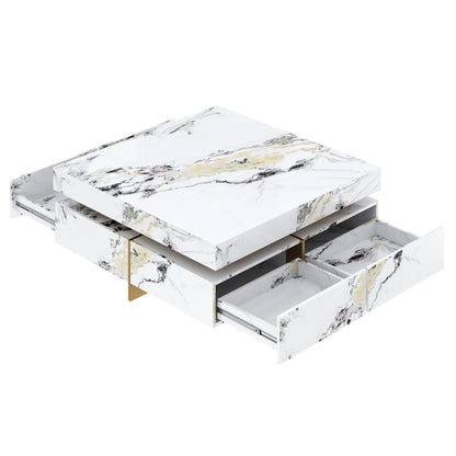 Modern Square Marble Textured Coffee table with 4 Drawers and Suspended Base, White, 43.3" image 11