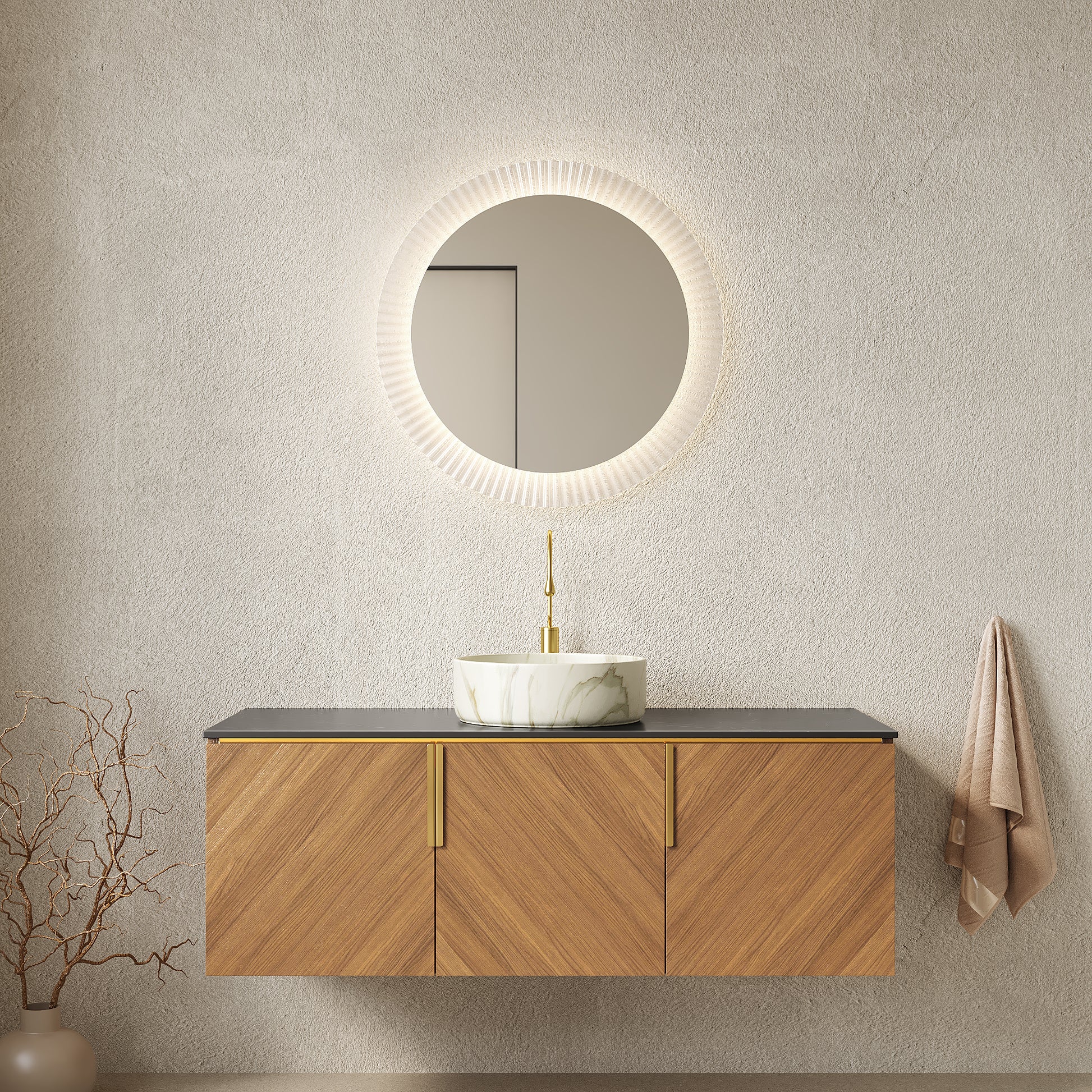 ARAI 48" Bathroom Vanity&Sink, Floating Plywood Bathroom Storage Cabinet with 3 Doors, Black Sintered Stone Countertop & White Round Ceramic Basin with Stone Pattern, Brown Oak Woodgrain (New SKU) image 1