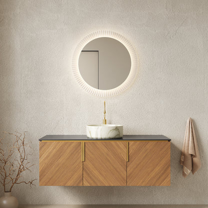 ARAI 48" Bathroom Vanity&Sink, Floating Plywood Bathroom Storage Cabinet with 3 Doors, Black Sintered Stone Countertop & White Round Ceramic Basin with Stone Pattern, Brown Oak Woodgrain (New SKU) image 1