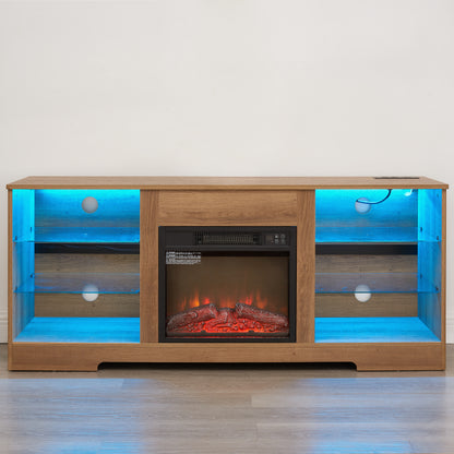 TV Stand Electric Fireplace TV Stand with Glass Shelves, 3D Fireplace TV Stand with LED Lights Wood with USB Charging Outlet Modern Television Table Center for TV up to 32-62" OAK 58'W*15.4''D*24.6 image 8