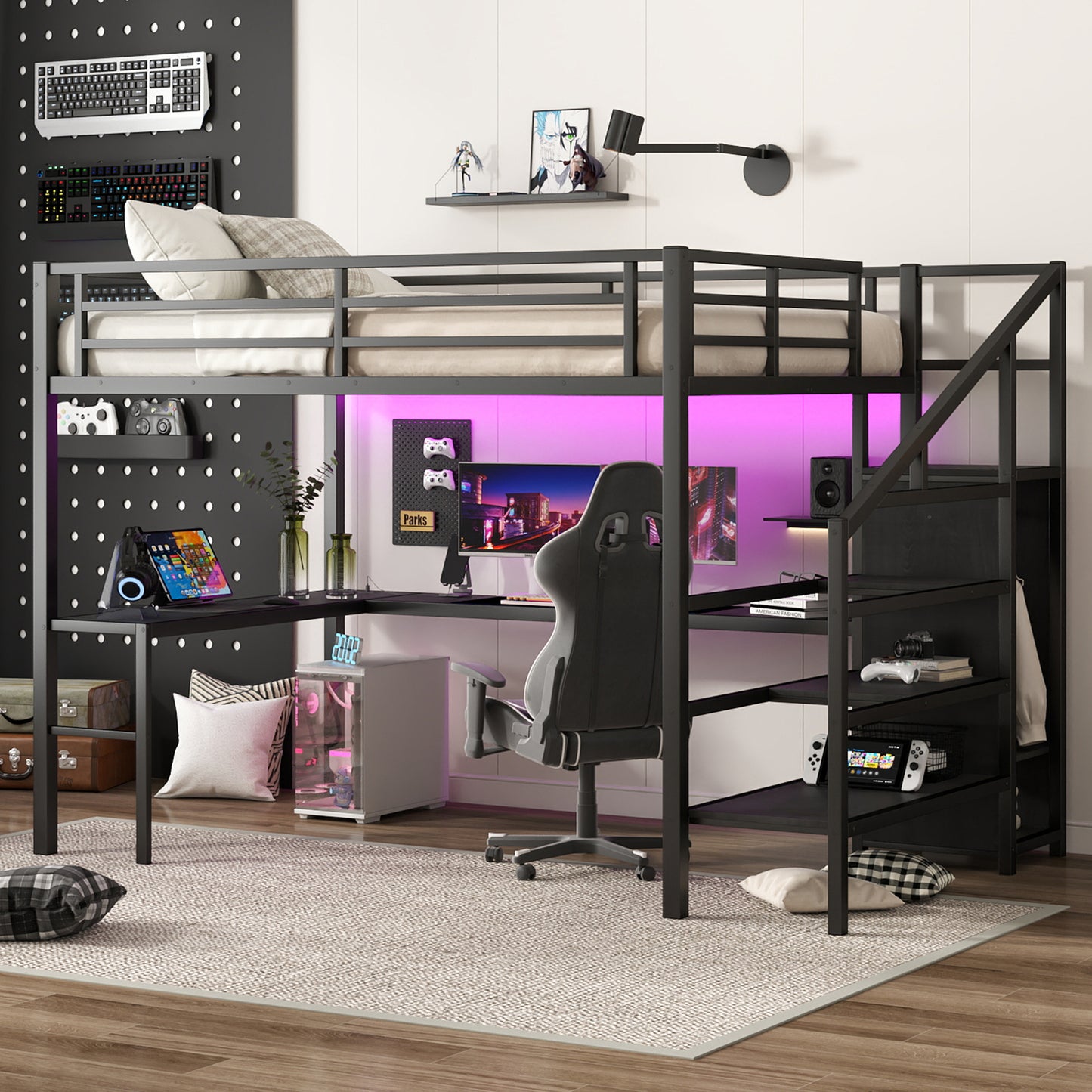 Queen Size Loft Bed with L-shaped Desk and USB, Metal Loft Bed with Wardrobe and Adjustable Shelf, High Loft Bed with LED for Kids Teens Adults, Black image 3