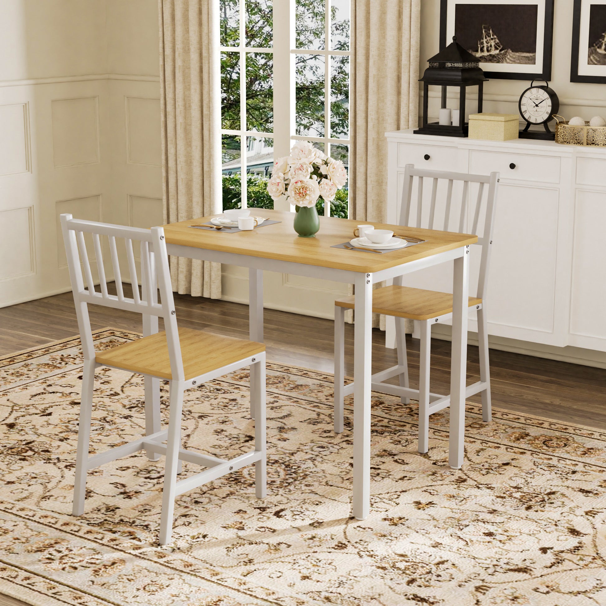 Dining Table Set, Bar Table with 2 Dining chairs, Kitchen Table Counter with Chairs, Industrial for Kitchen Breakfast Table, Living Room, Party Room,Natural and White,35.4″L x23.6″W x 29.7″H image 4